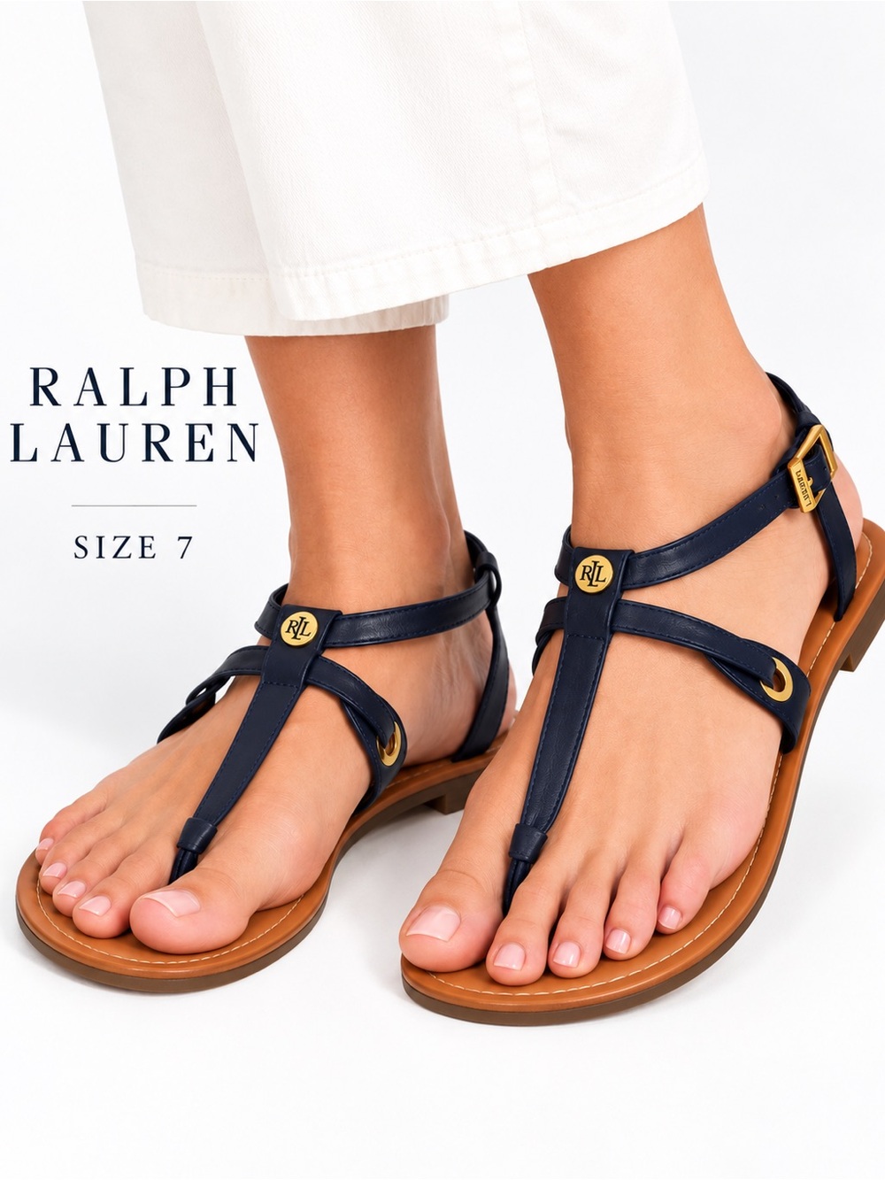 Ralph Lauren Navy Strappy Flat Sandals Gold Hardware Size 7B